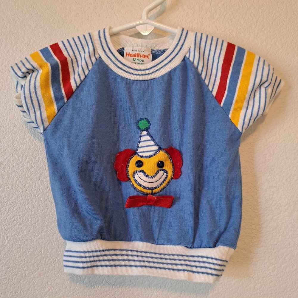 Vintage Health-tex Baby Shirt 12 Months Blue Striped Clown Applique Made in USA
